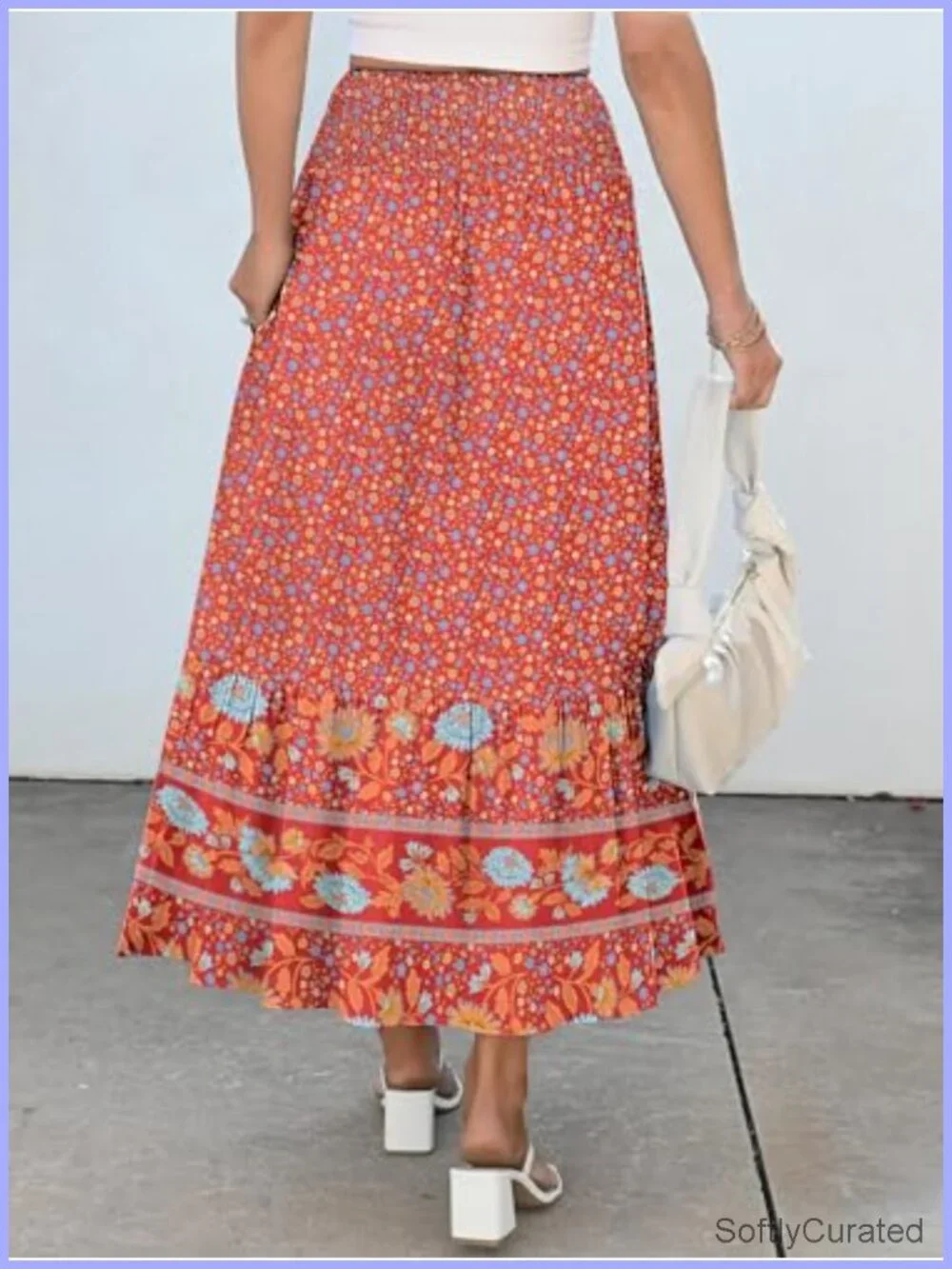 Boho Floral Maxi Skirt High Waisted Tiered Flowy Rayon with Pockets for Beach